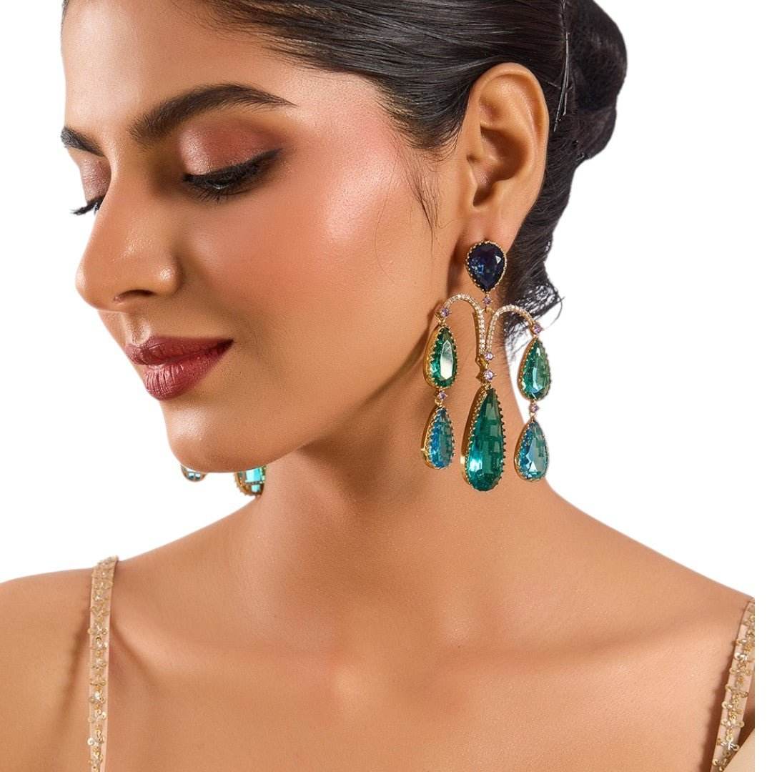 Royal Blue and Emerald Green Statement Drop Earrings - Auraa Trends