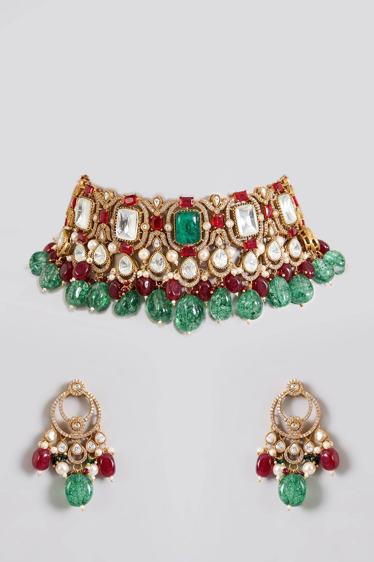 Royal Emerald & Ruby Stone Bridal Choker Set - Auraa Trends