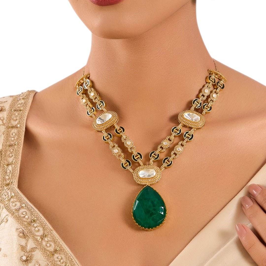 Royal Emerald Green Drop Necklace Set with Double-Strand Kundan Chain and Complementing Earrings - Auraa Trends