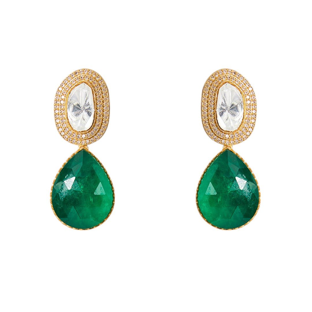 Royal Emerald Green Drop Necklace Set with Double - Strand Kundan Chain and Complementing Earrings - Auraa Trends - Necklace