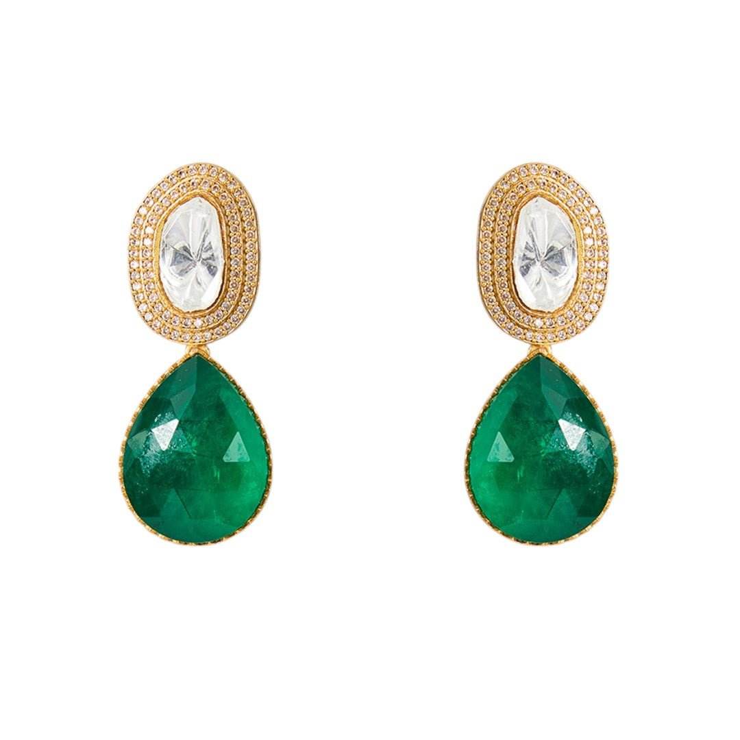 Royal Emerald Green Drop Necklace Set with Double-Strand Kundan Chain and Complementing Earrings - Auraa Trends