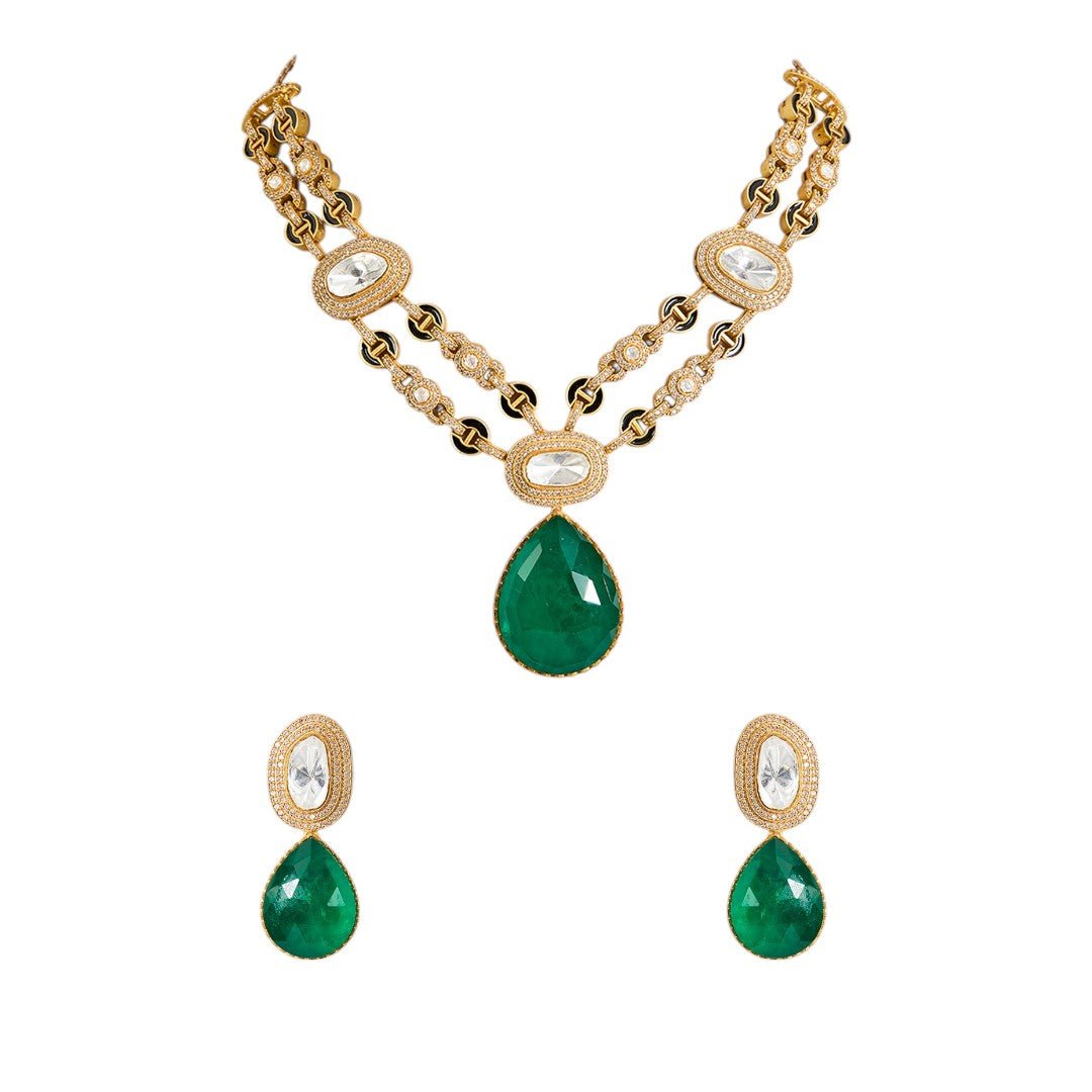 Royal Emerald Green Drop Necklace Set with Double - Strand Kundan Chain and Complementing Earrings - Auraa Trends - Necklace