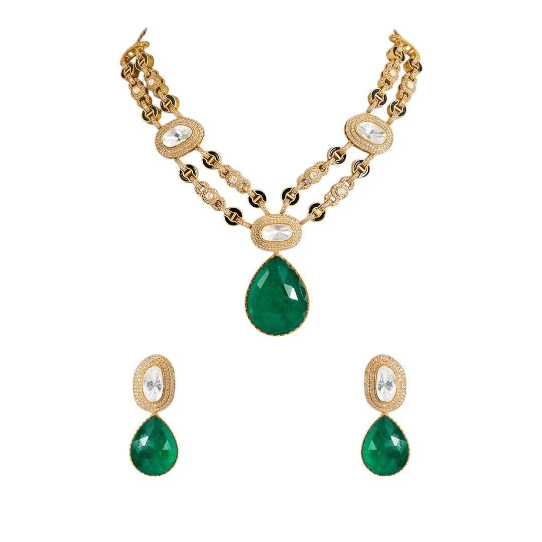 Royal Emerald Green Drop Necklace Set with Double-Strand Kundan Chain and Complementing Earrings - Auraa Trends