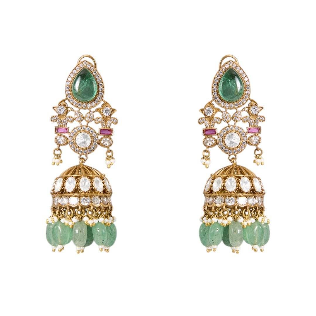 Royal Green and White Kundan Choker Necklace Set with Mint Beads - Auraa Trends