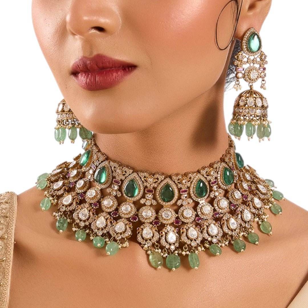 Royal Green and White Kundan Choker Necklace Set with Mint Beads - Auraa Trends