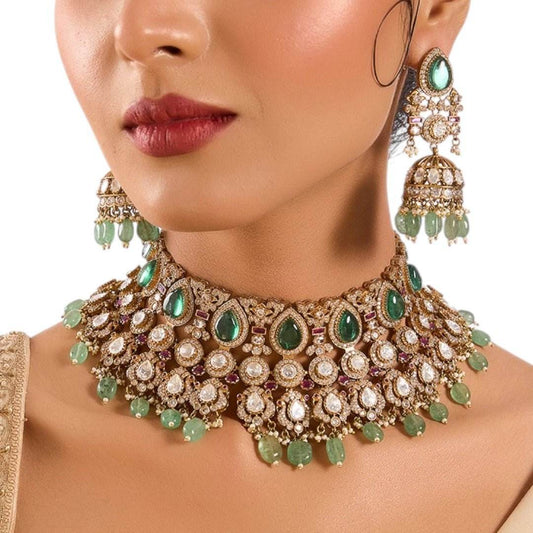 Royal Green and White Kundan Choker Necklace Set with Mint Beads - Auraa Trends