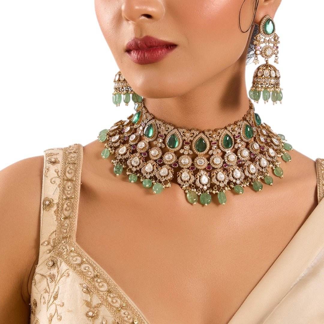 Royal Green and White Kundan Choker Necklace Set with Mint Beads - Auraa Trends
