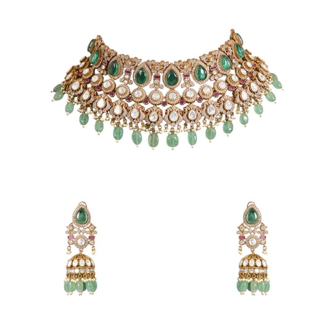 Royal Green and White Kundan Choker Necklace Set with Mint Beads - Auraa Trends