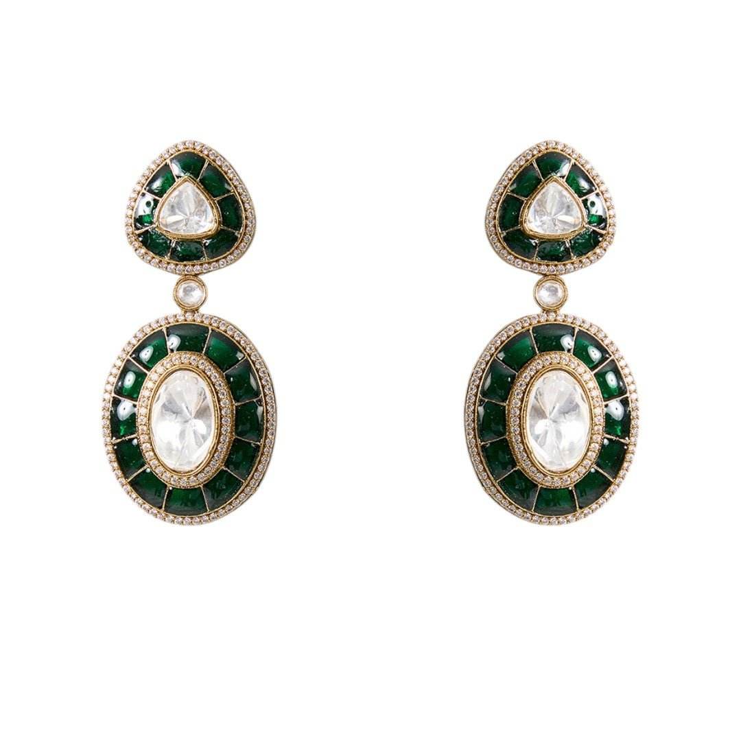 Royal Green Enamel Kundan Necklace Set with Round Pendant Earrings - Auraa Trends