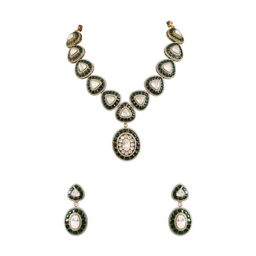 Royal Green Enamel Kundan Necklace Set with Round Pendant Earrings - Auraa Trends