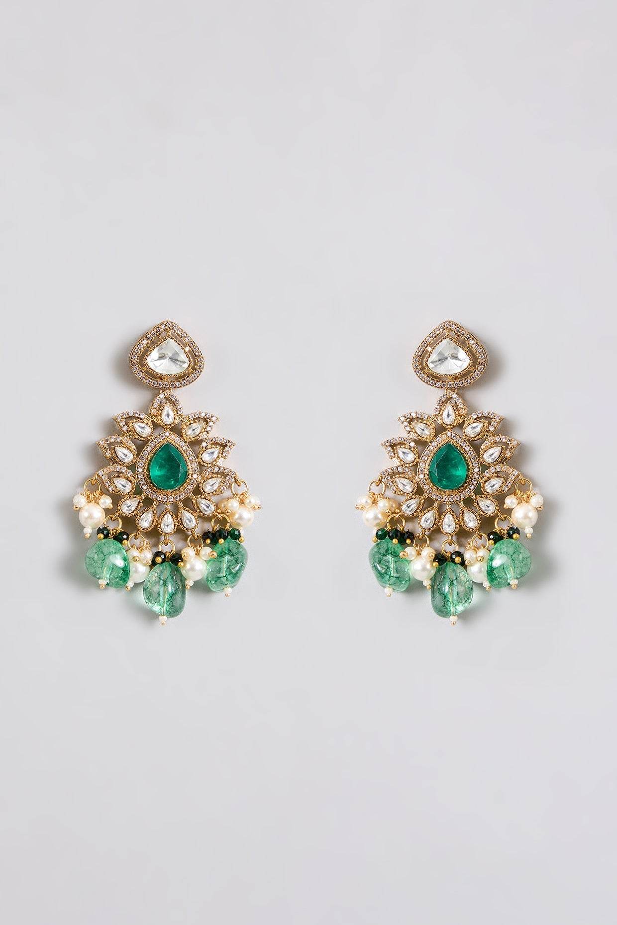 Royal Green Kundan Emerald Drop Bridal Necklace Set - Auraa Trends