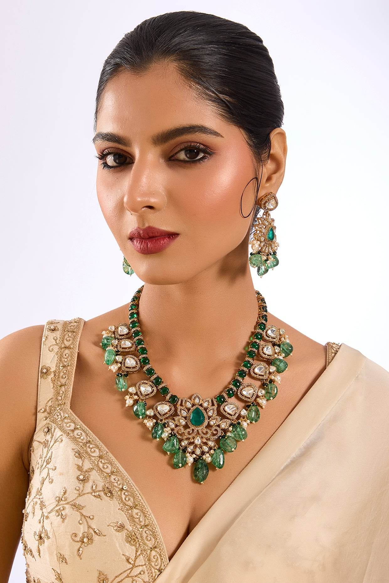 Royal Green Kundan Emerald Drop Bridal Necklace Set - Auraa Trends