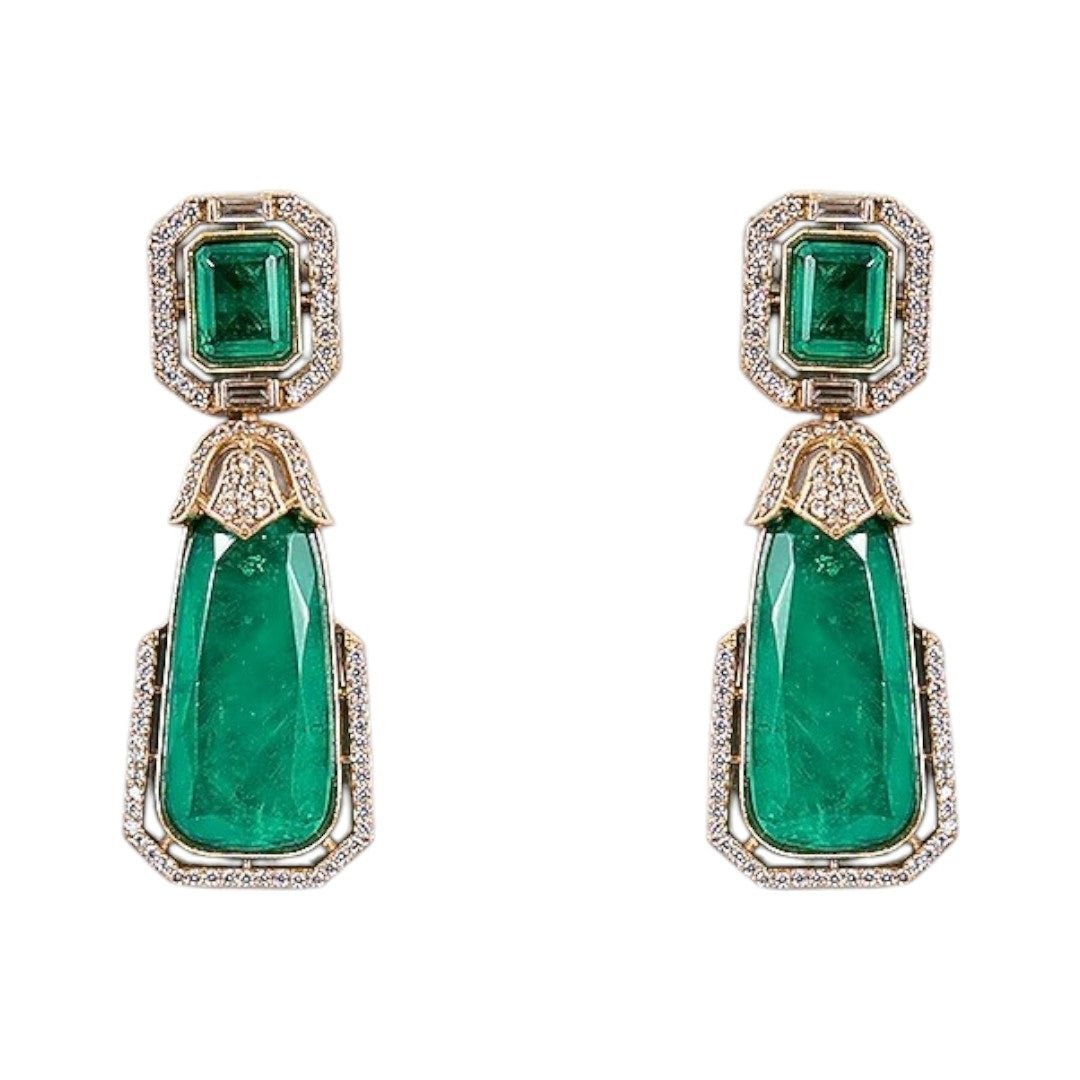 Royal Green Stone Kundan Choker Necklace Set with Long Drop Earrings for Women - Auraa Trends - Necklace - - Auraa Trends - Woman wearing emerald green Kundan choker necklace set with long drop earrings