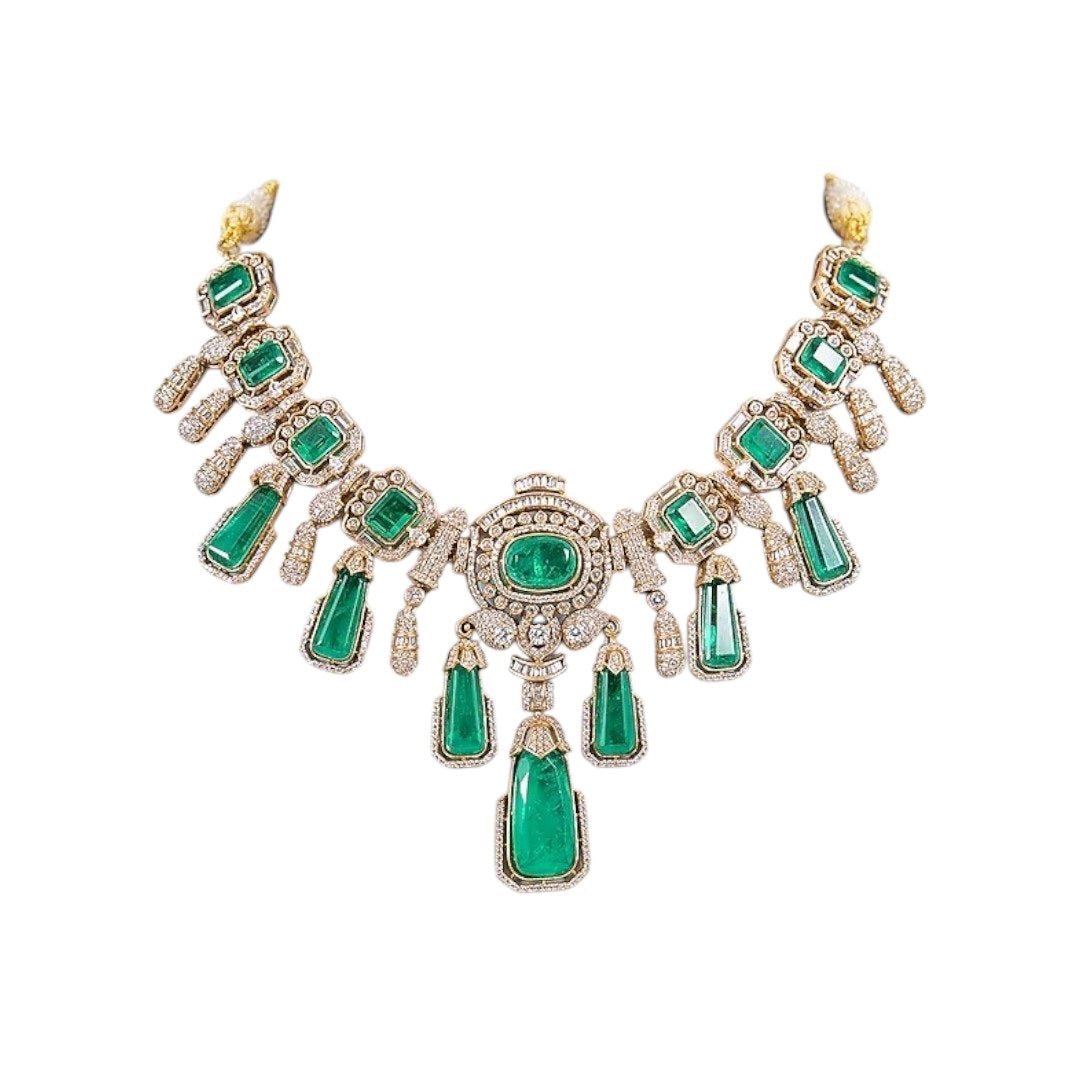 Royal Green Stone Kundan Choker Necklace Set with Long Drop Earrings for Women - Auraa Trends - Necklace - - Auraa Trends - Woman wearing emerald green Kundan choker necklace set with long drop earrings