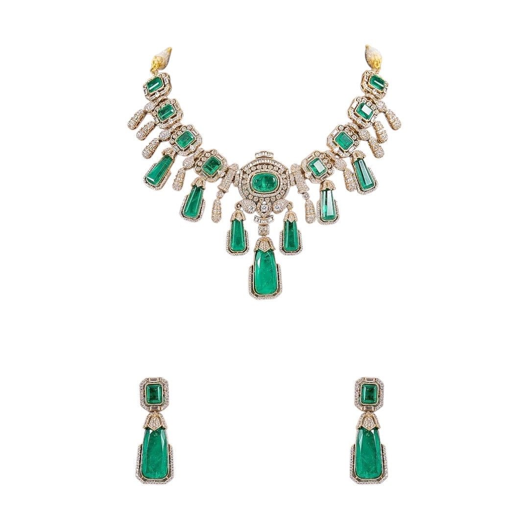 Royal Green Stone Kundan Choker Necklace Set with Long Drop Earrings for Women - Auraa Trends - Necklace - - Auraa Trends - Woman wearing emerald green Kundan choker necklace set with long drop earrings