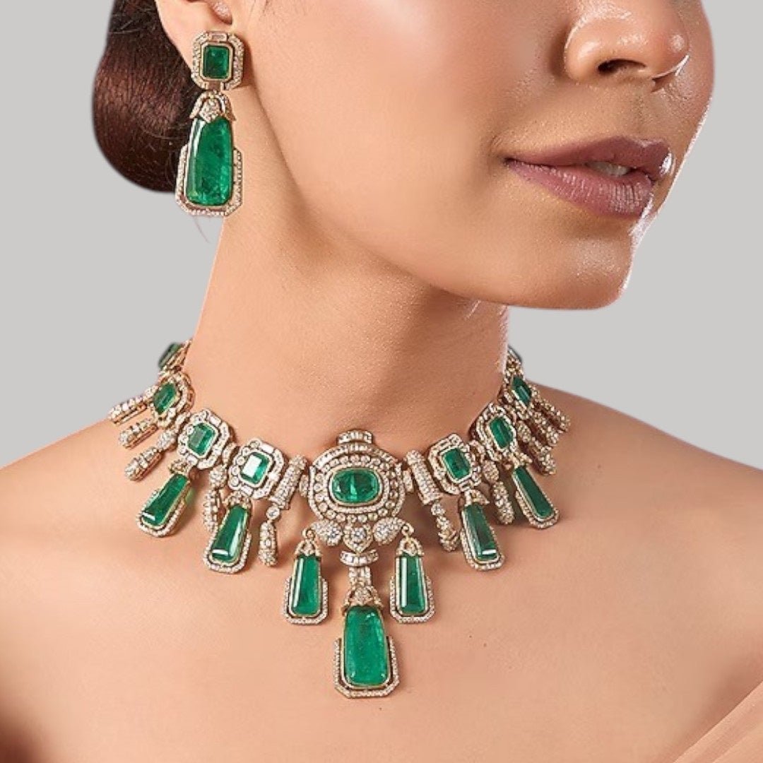 Royal Green Stone Kundan Choker Necklace Set with Long Drop Earrings for Women - Auraa Trends - Necklace - - Auraa Trends - Woman wearing emerald green Kundan choker necklace set with long drop earrings