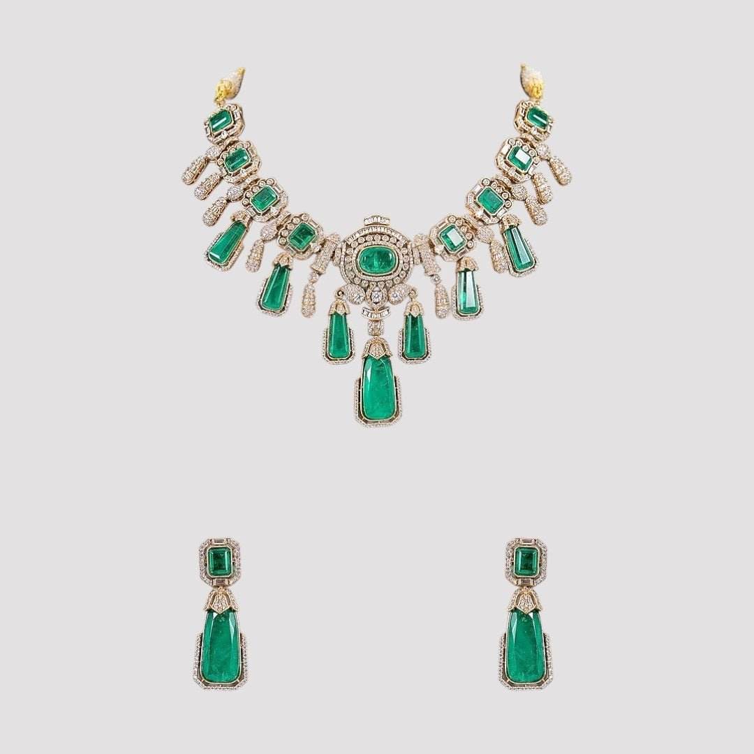 Royal Green Stone Kundan Choker Necklace Set with Long Drop Earrings for Women - Auraa Trends