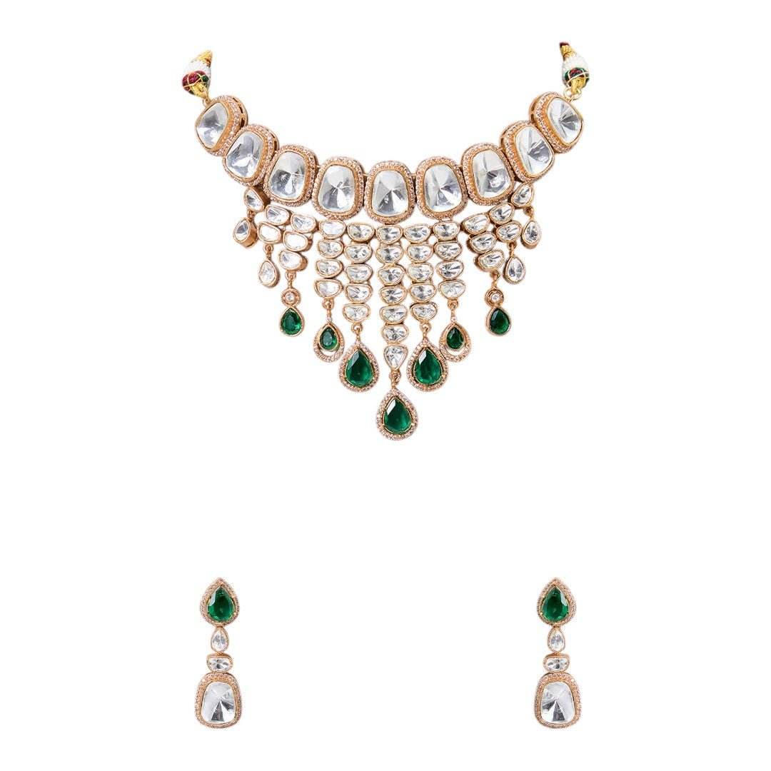 Royal Kundan and Emerald Green Pearl Choker Necklace Set with Matching Earrings - Auraa Trends