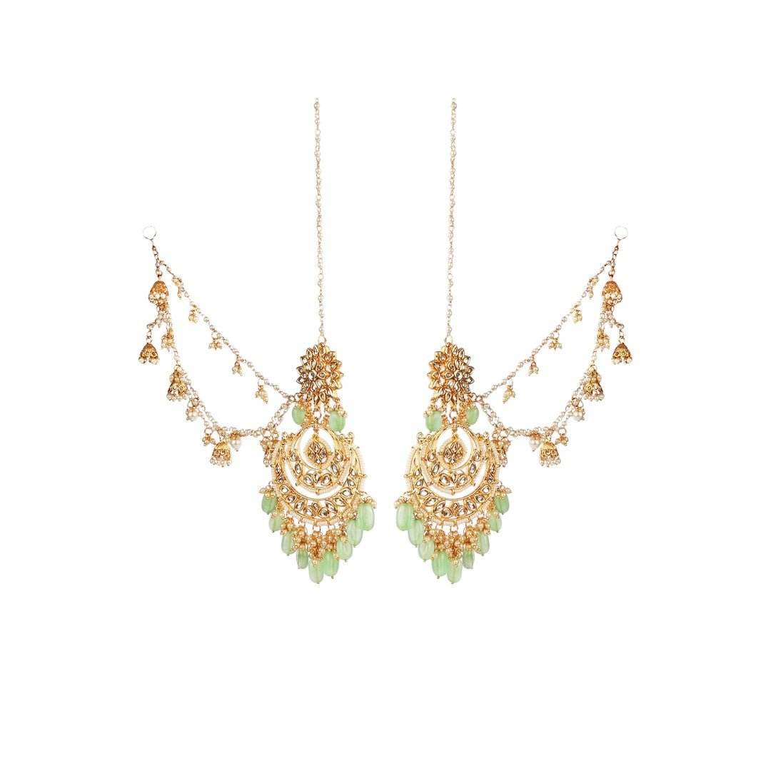 Royal Kundan Green Beaded Chandbali Earrings with Ear Chain - Auraa Trends