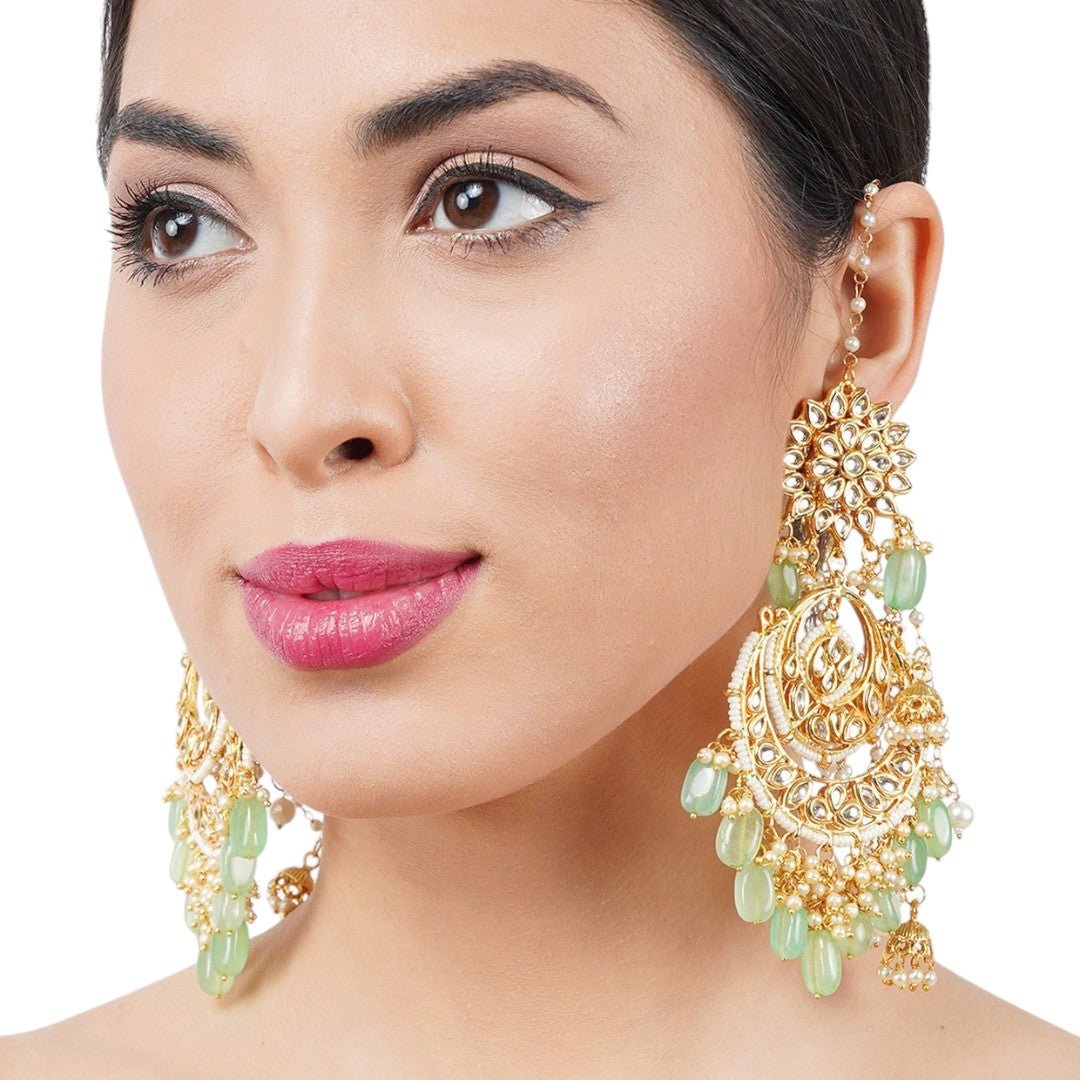 Royal Kundan Green Beaded Chandbali Earrings with Ear Chain - Auraa Trends - Chandbali - - Auraa Trends - "Turn Heads This Season with Regal Green Kundan Elegance"
