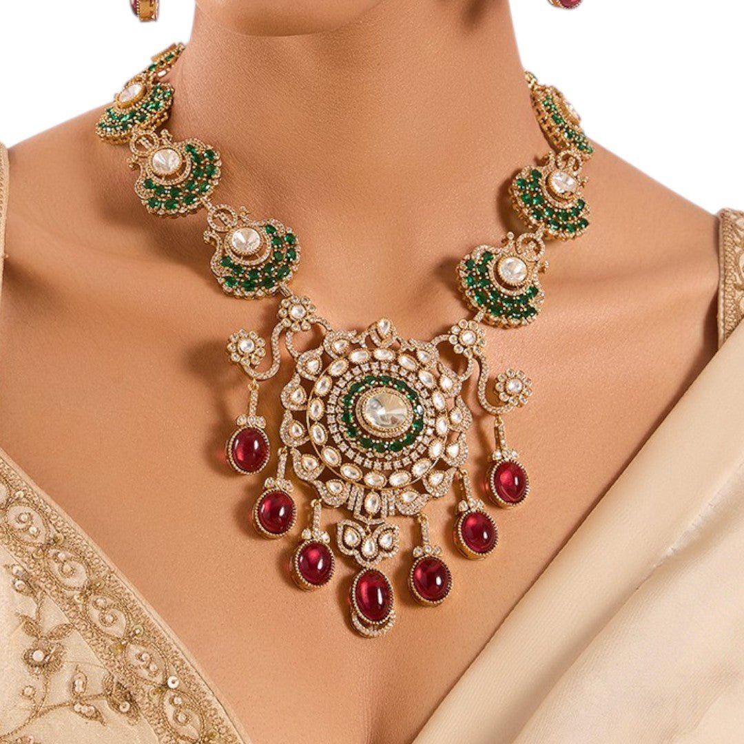 Royal Kundan Necklace Set with Ruby Red Drops and Green Accents - Auraa Trends - Necklace - Wedding wear accessories Polki