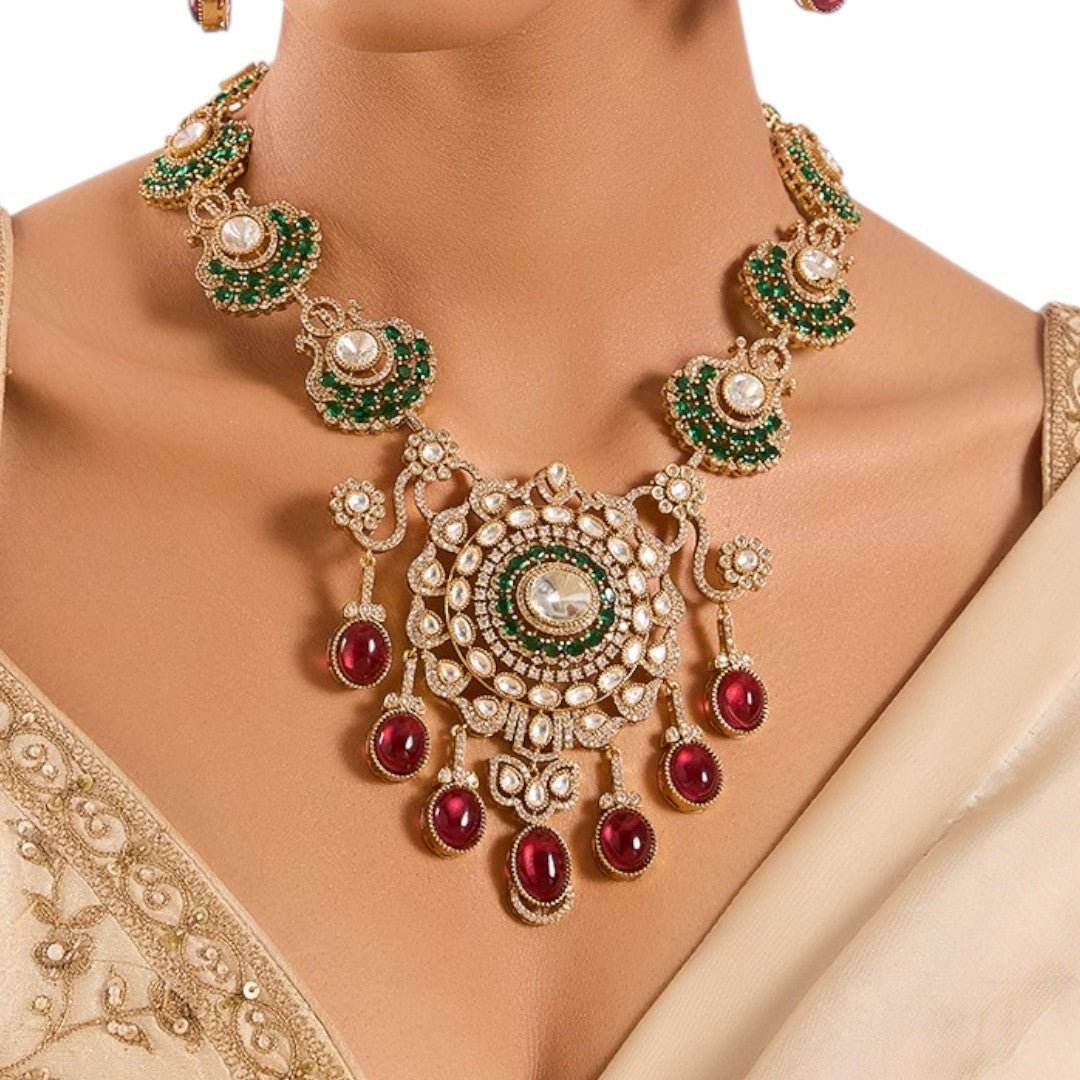 Royal Kundan Necklace Set with Ruby Red Drops and Green Accents - Auraa Trends