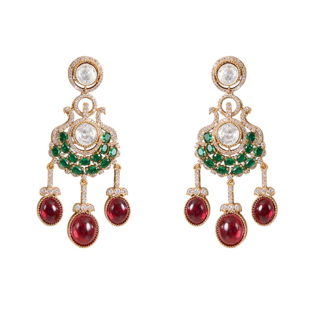 Royal Kundan Necklace Set with Ruby Red Drops and Green Accents - Auraa Trends - Necklace - Wedding wear accessories Polki