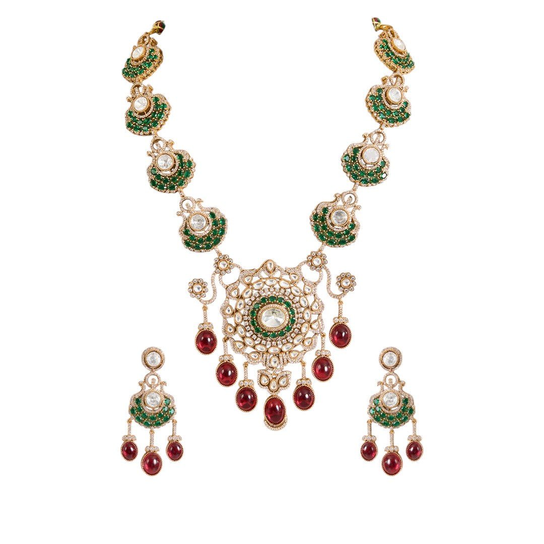 Royal Kundan Necklace Set with Ruby Red Drops and Green Accents - Auraa Trends - Necklace - Wedding wear accessories Polki