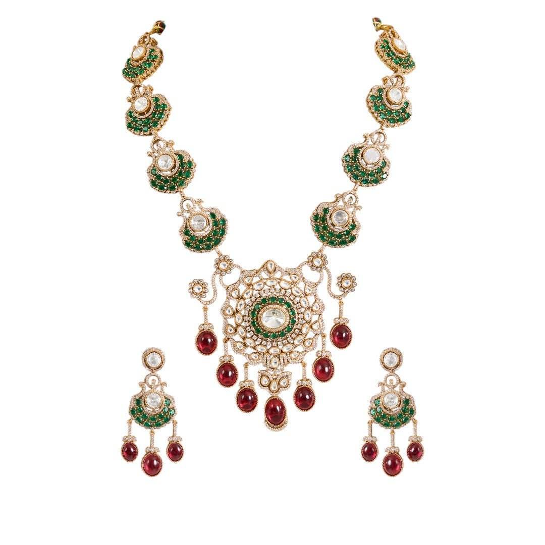 Royal Kundan Necklace Set with Ruby Red Drops and Green Accents - Auraa Trends