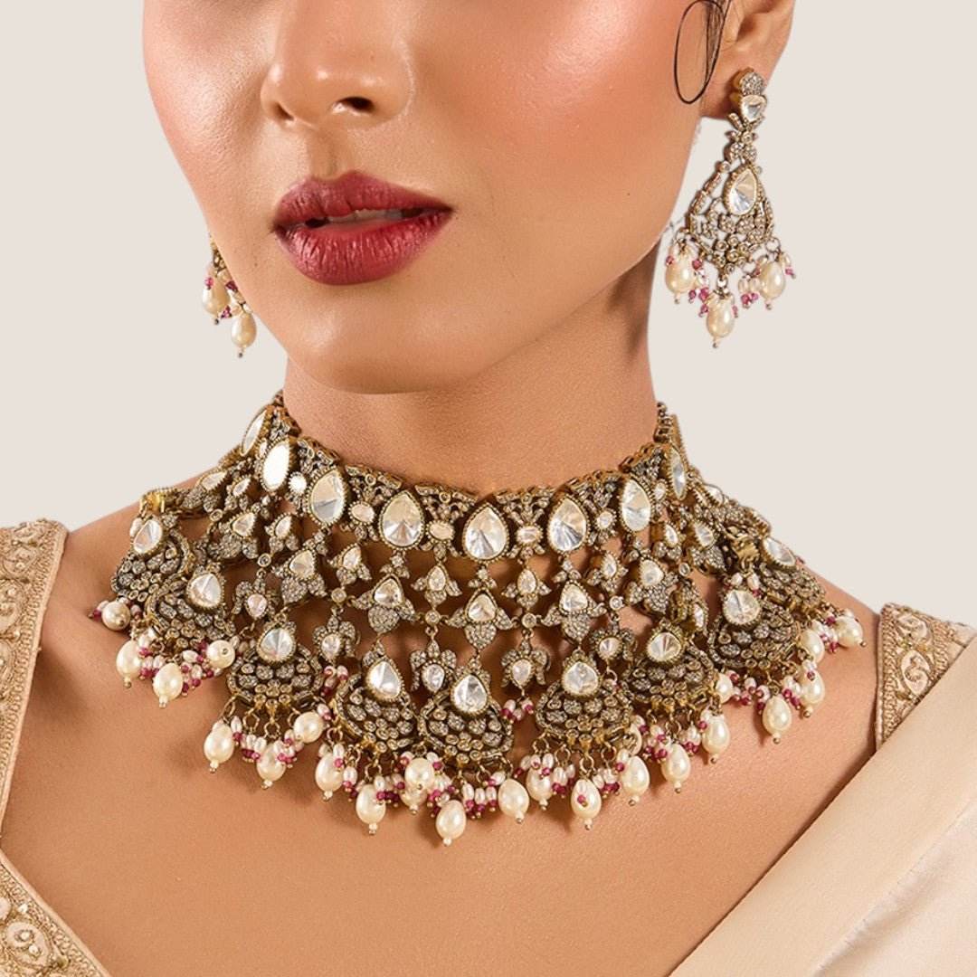 Royal Kundan Pearl Choker Necklace Set with Complementary Earrings – Antique Gold Finish - Auraa Trends
