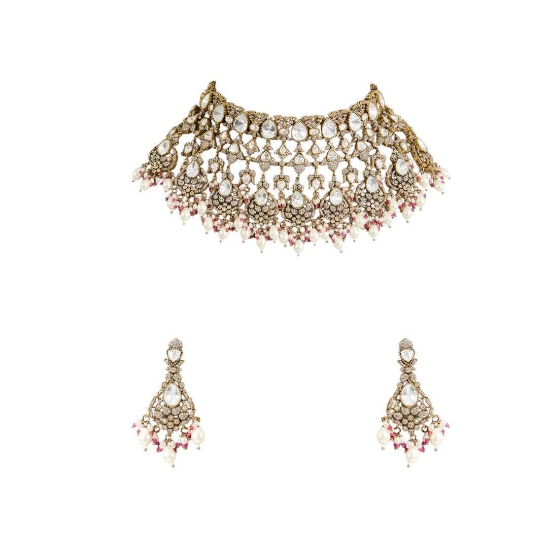 Royal Kundan Pearl Choker Necklace Set with Complementary Earrings – Antique Gold Finish - Auraa Trends