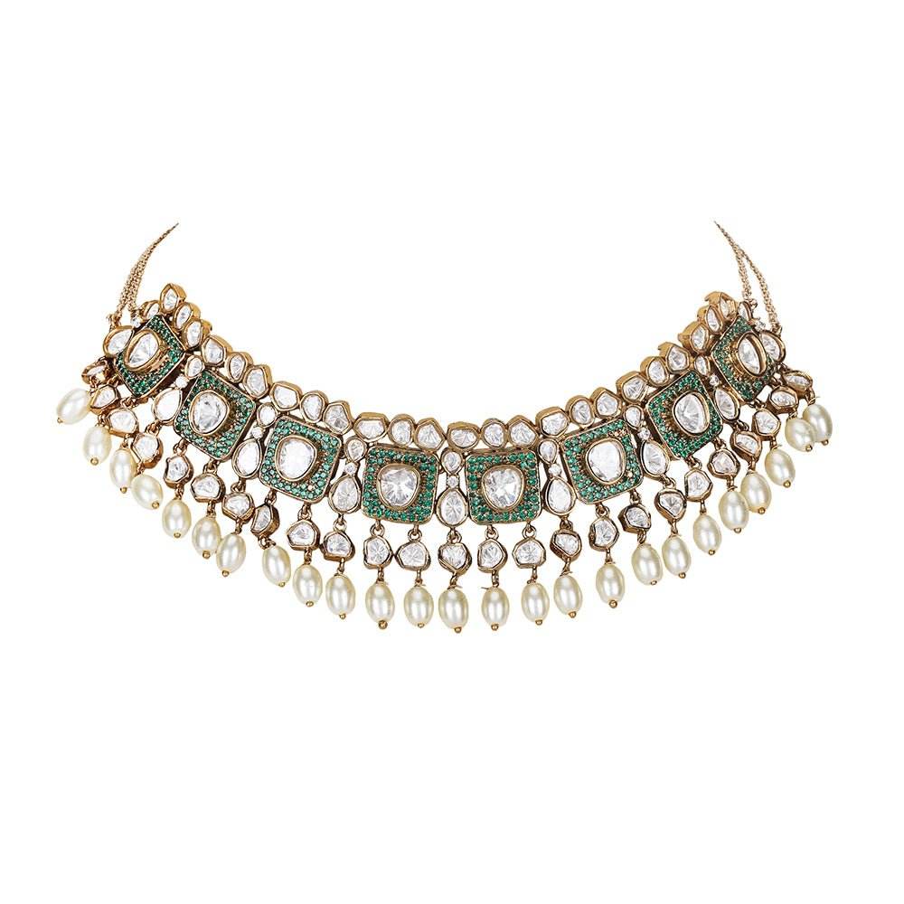 Royal Kundan Pearl Choker Necklace Set with Earrings - Auraa Trends