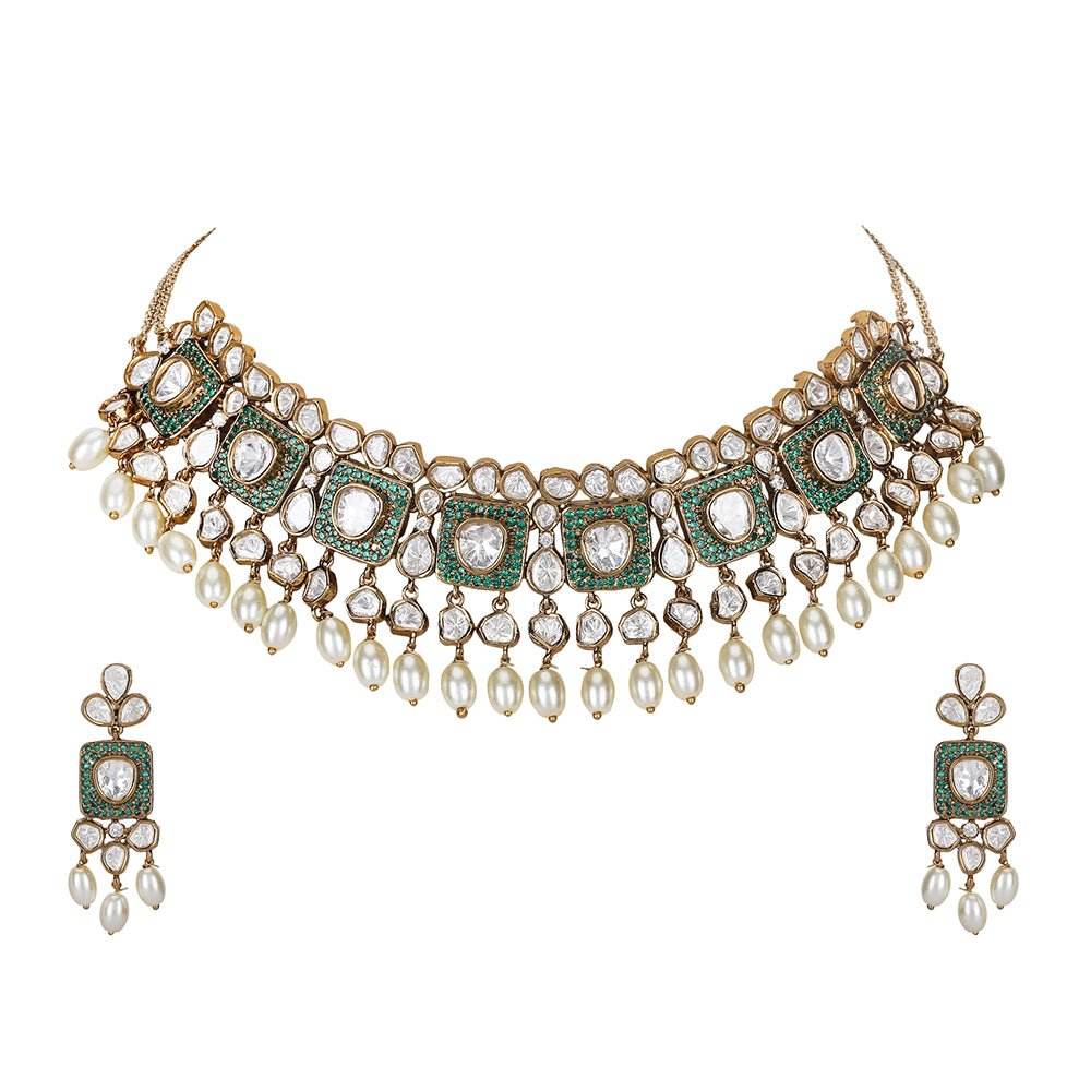 Royal Kundan Pearl Choker Necklace Set with Earrings - Auraa Trends