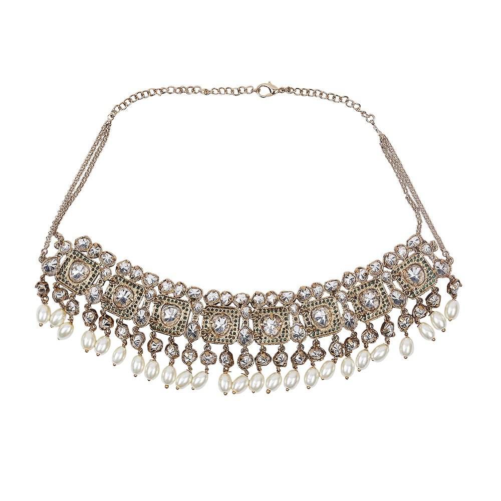 Royal Kundan Pearl Choker Necklace Set with Earrings - Auraa Trends
