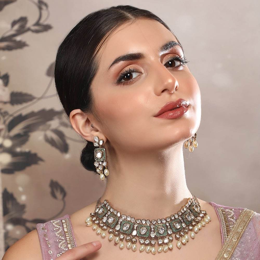 Royal Kundan Pearl Choker Necklace Set with Earrings - Auraa Trends