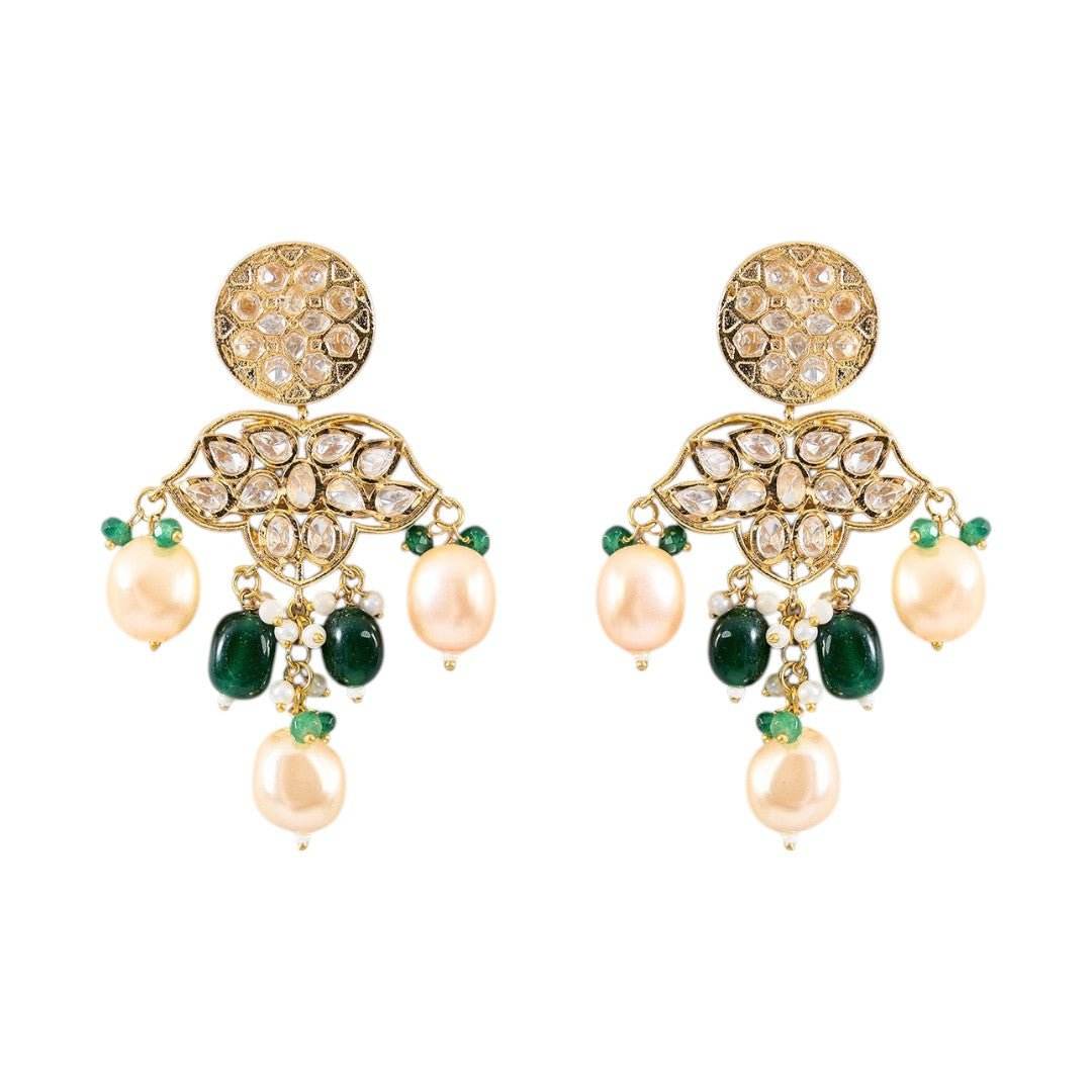 Royal Kundan Pearl Choker Necklace Set with Green Beads Drop Earrings - Auraa Trends