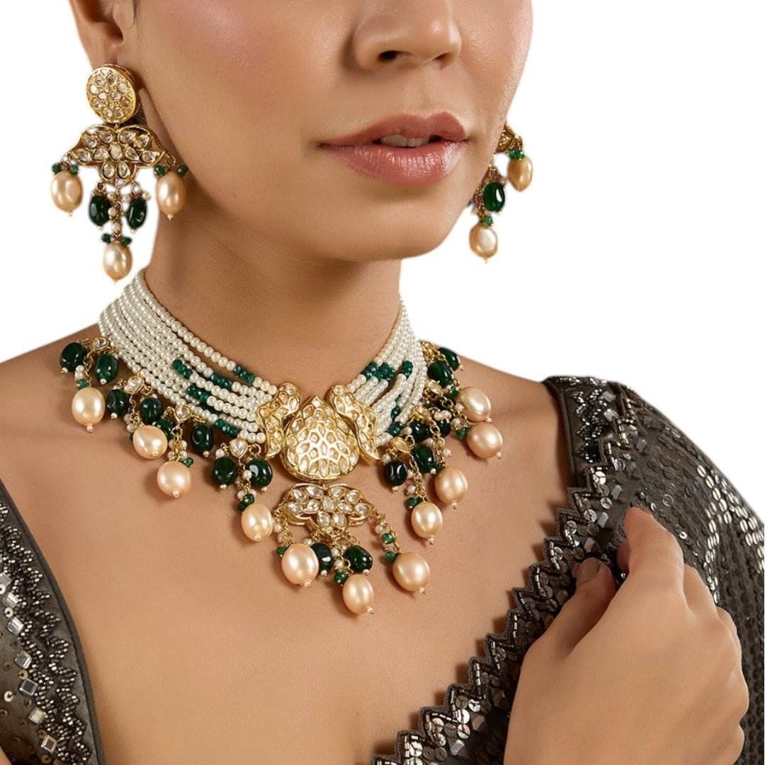 Royal Kundan Pearl Choker Necklace Set with Green Beads Drop Earrings - Auraa Trends