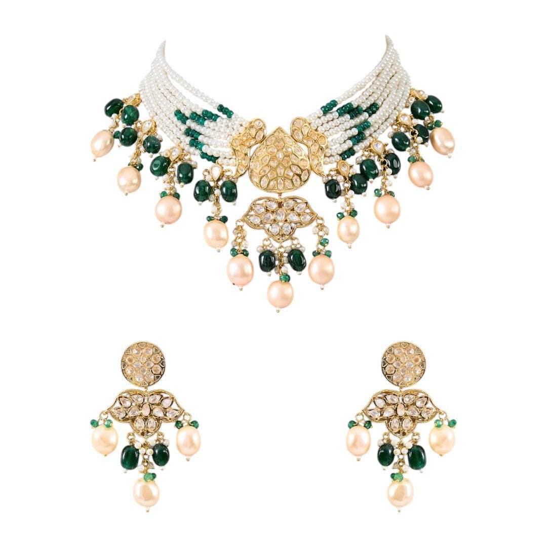 Royal Kundan Pearl Choker Necklace Set with Green Beads Drop Earrings - Auraa Trends