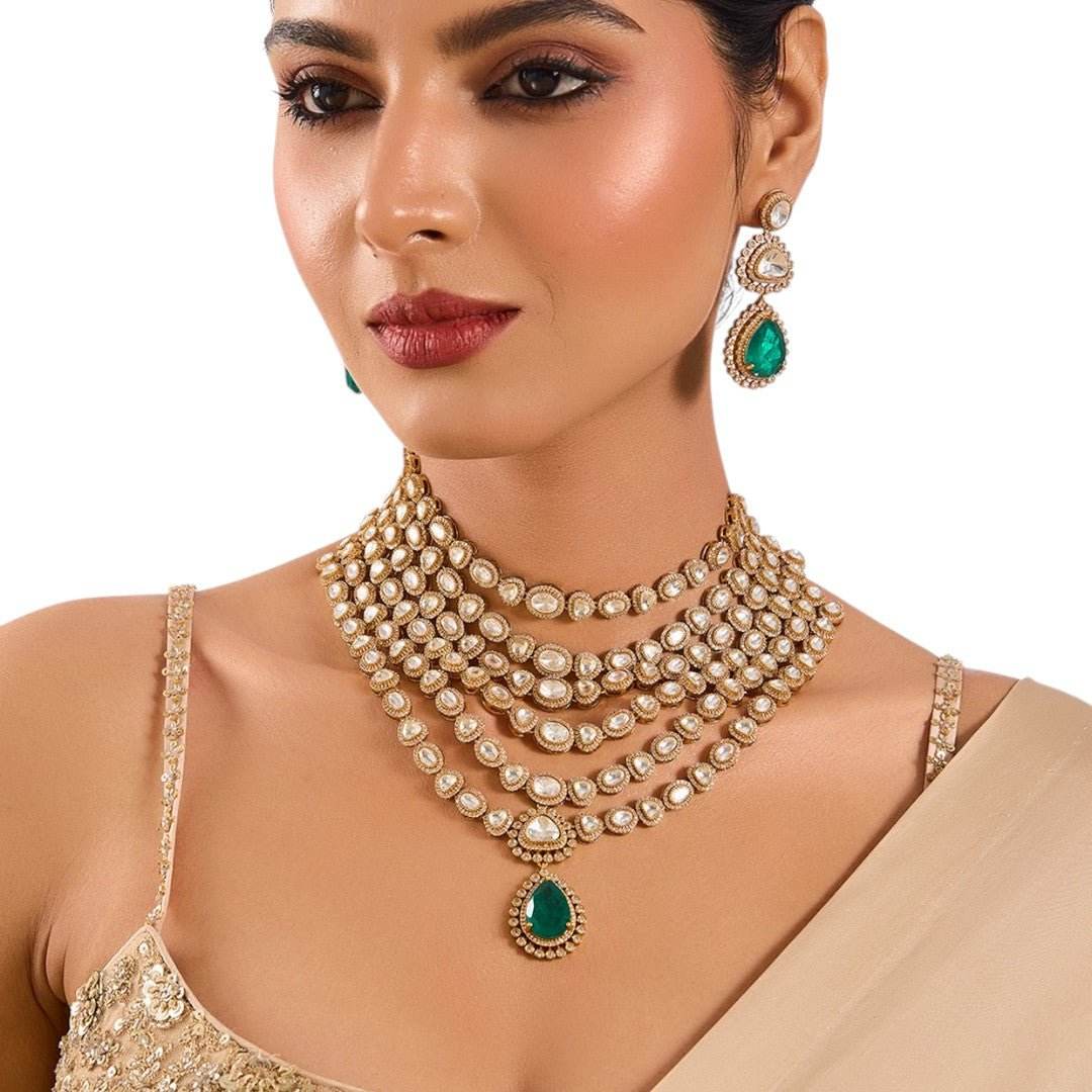 Royal Layered Kundan Choker Necklace Earrings Set with Emerald Drop - Auraa Trends