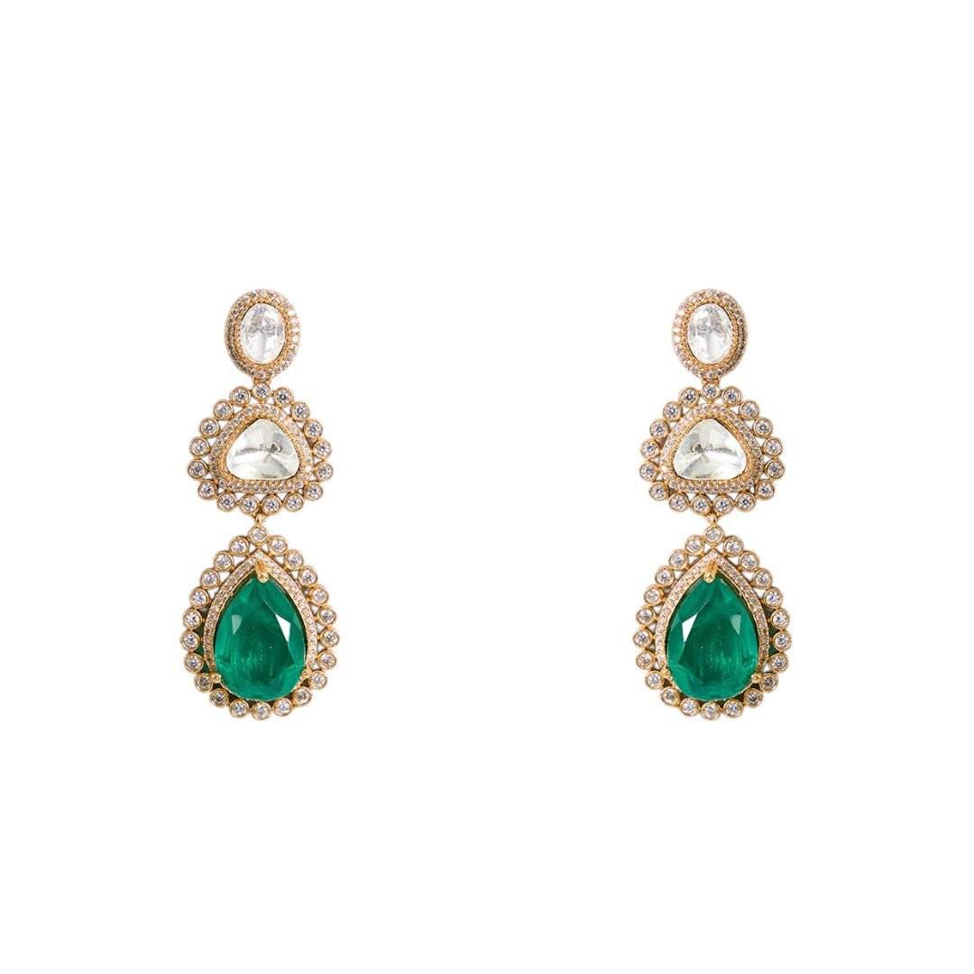 Royal Layered Kundan Choker Necklace Earrings Set with Emerald Drop - Auraa Trends