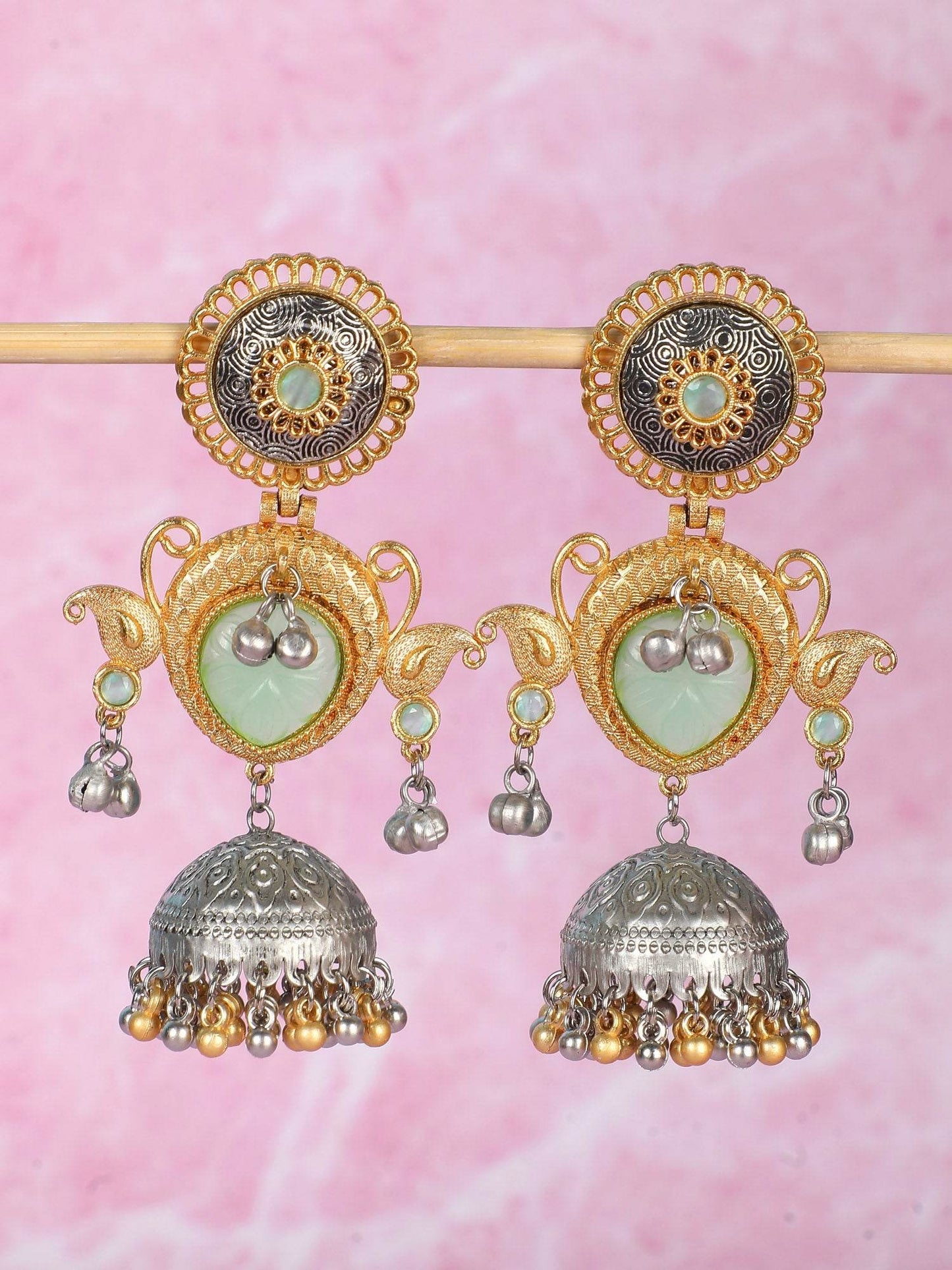 Royal Mint Green & Dual-Tone Oxidized Temple Jhumka Earrings - Auraa Trends