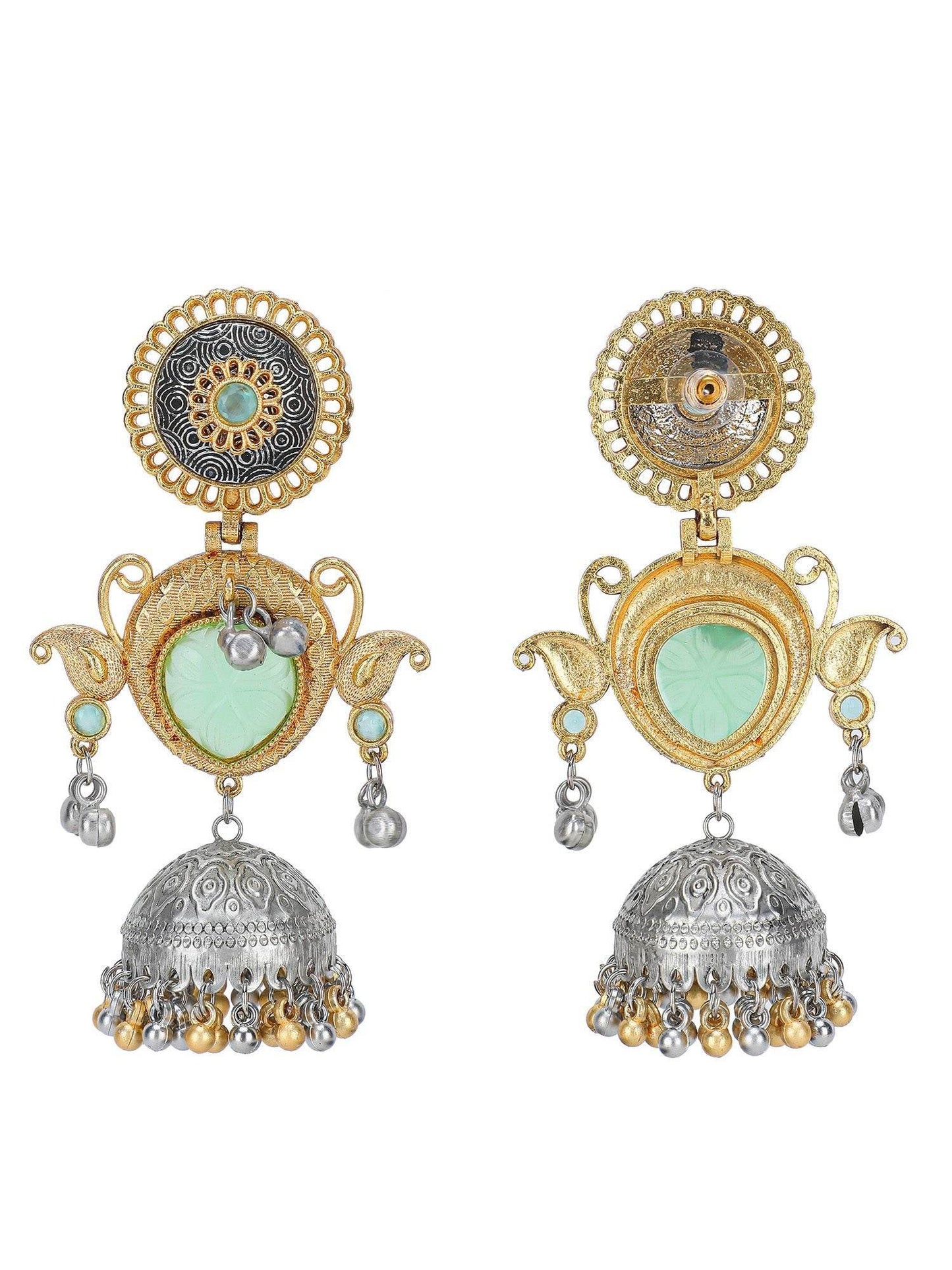Royal Mint Green & Dual-Tone Oxidized Temple Jhumka Earrings - Auraa Trends