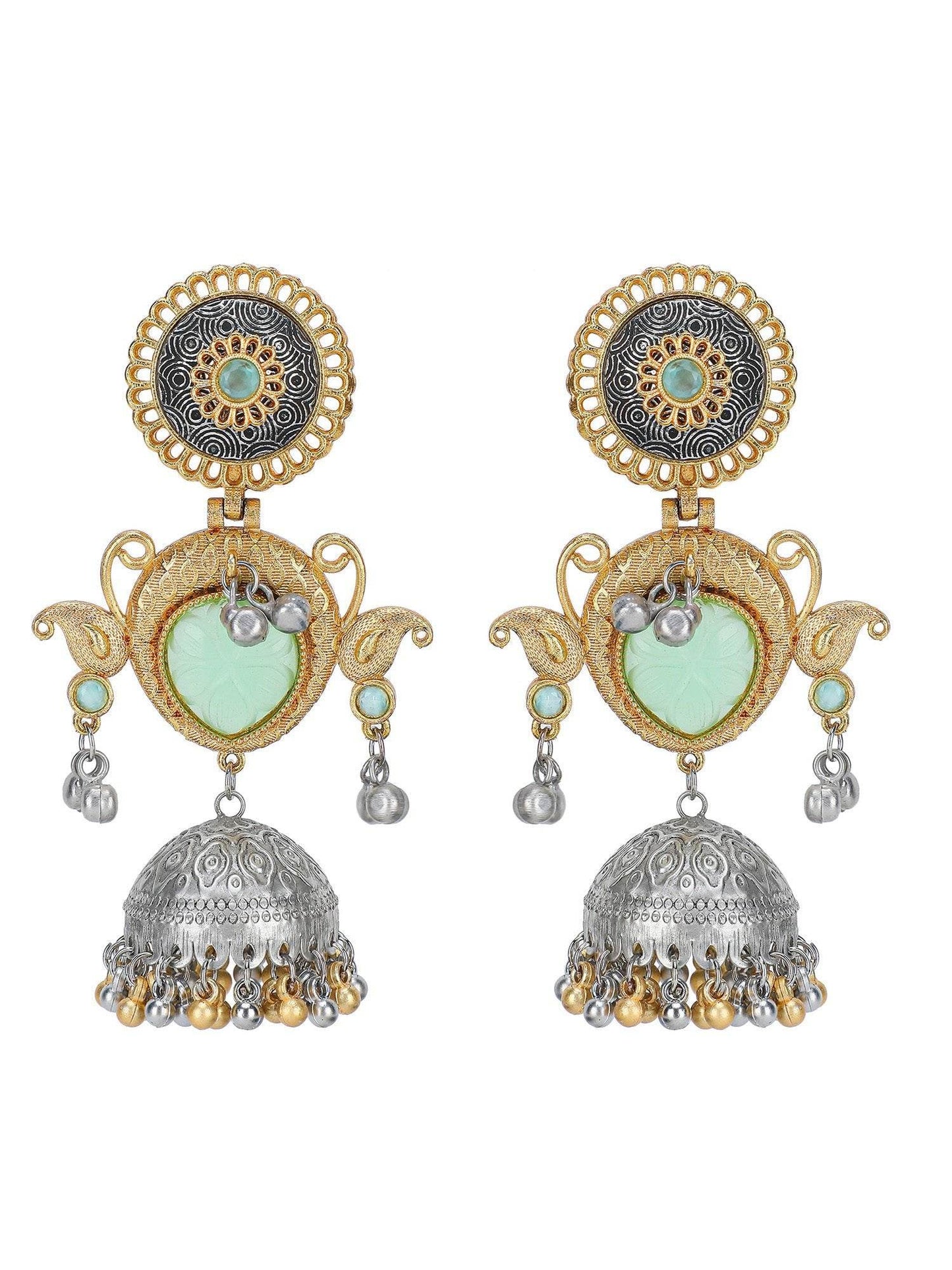 Royal Mint Green & Dual-Tone Oxidized Temple Jhumka Earrings - Auraa Trends