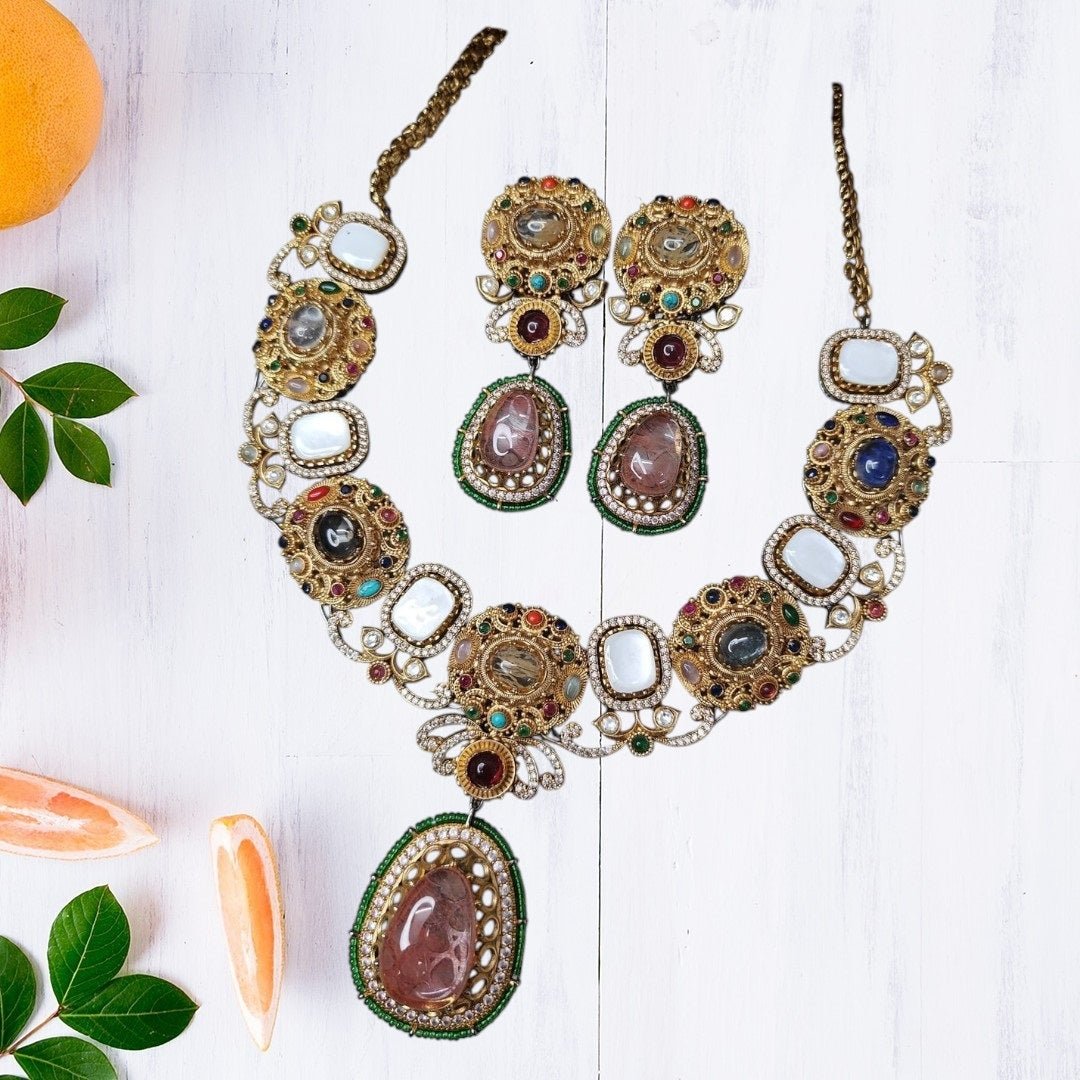 Royal Multicolor Kundan & Beaded Necklace Set - Auraa Trends - Necklace Set - - Auraa Trends - "Antique gold - plated multicolor Kundan necklace set with mirror stones, green beaded border, and matching statement earrings