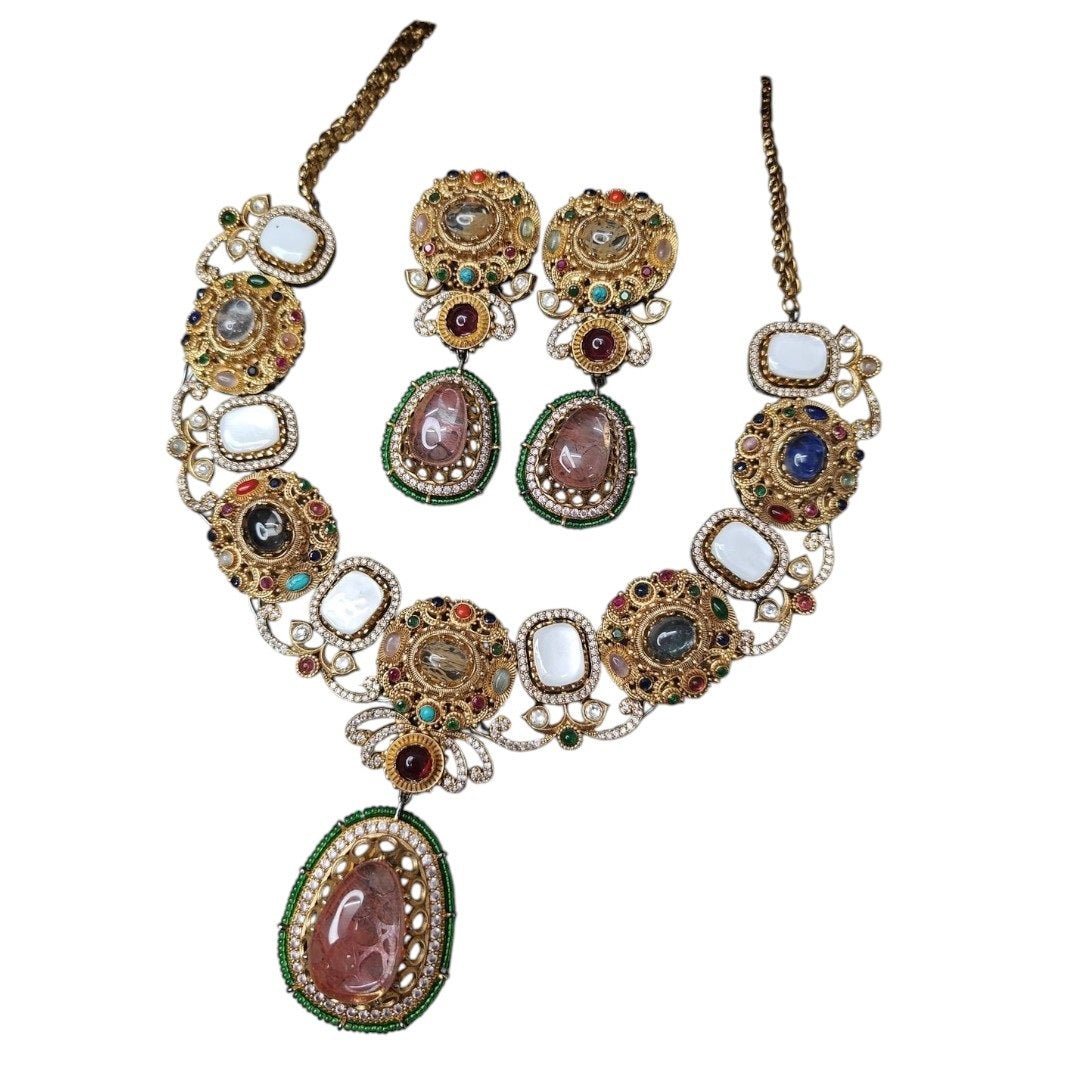 Royal Multicolor Kundan & Beaded Necklace Set - Auraa Trends - Necklace Set - - Auraa Trends - "Antique gold - plated multicolor Kundan necklace set with mirror stones, green beaded border, and matching statement earrings