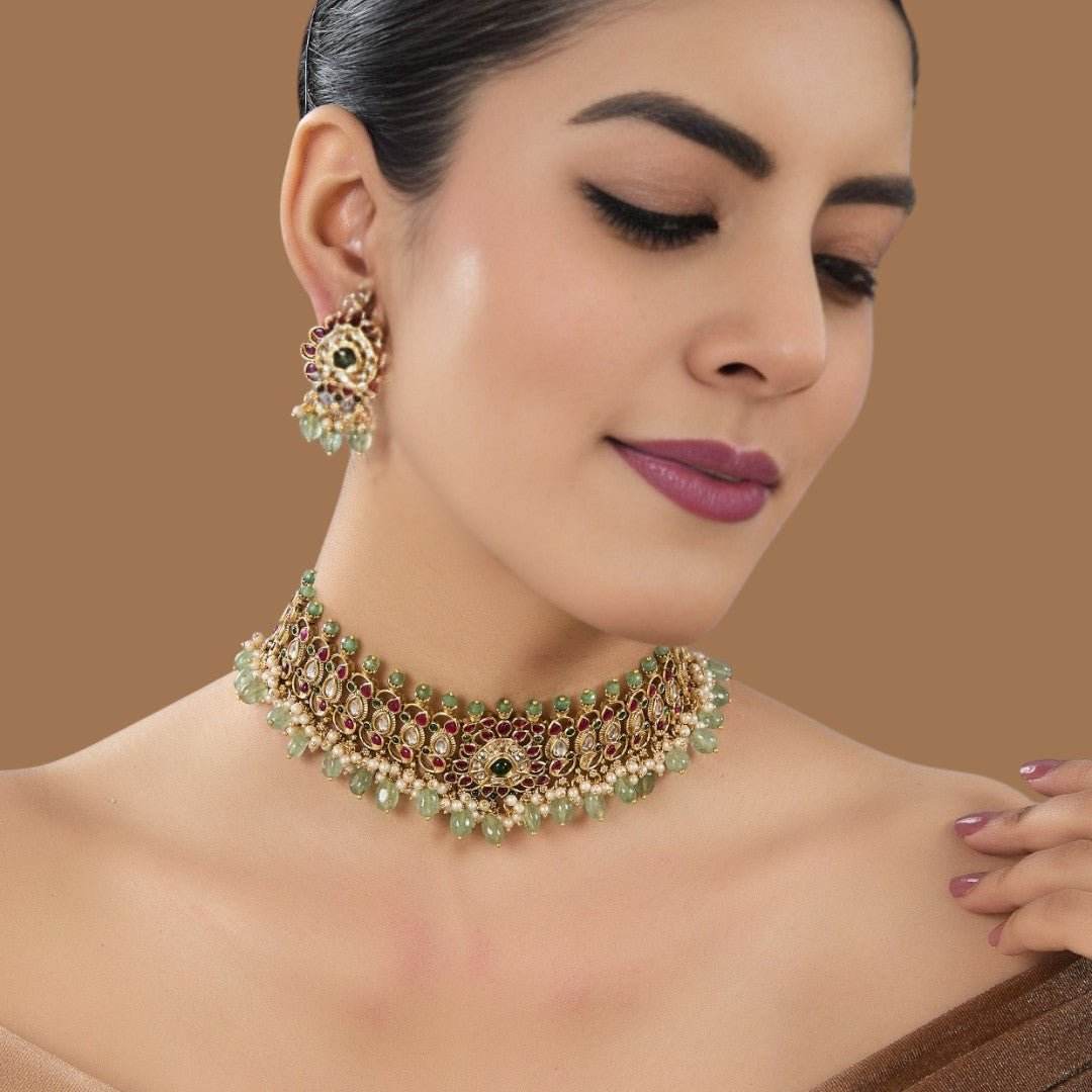 Royal Peacock-Inspired Kundan Choker Necklace Set - Auraa Trends