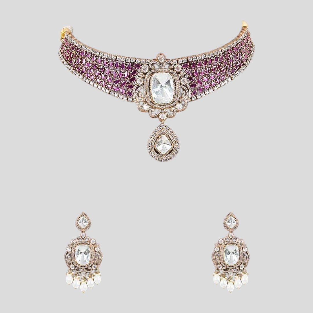 Royal Pink CZ Choker Necklace Set with Kundan - Style Earrings & Pearl Drops for Women - Auraa Trends - Necklace Set - - Auraa Trends - "Elegant pink cubic zirconia choker necklace with kundan centerpiece and matching statement earrings featuring pearl drops โ ideal for bridal and festive occasions"