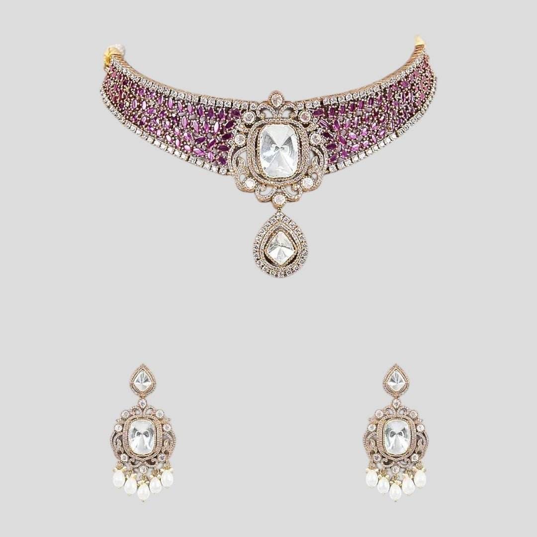 Royal Pink CZ Choker Necklace Set with Kundan-Style Earrings & Pearl Drops for Women - Auraa Trends