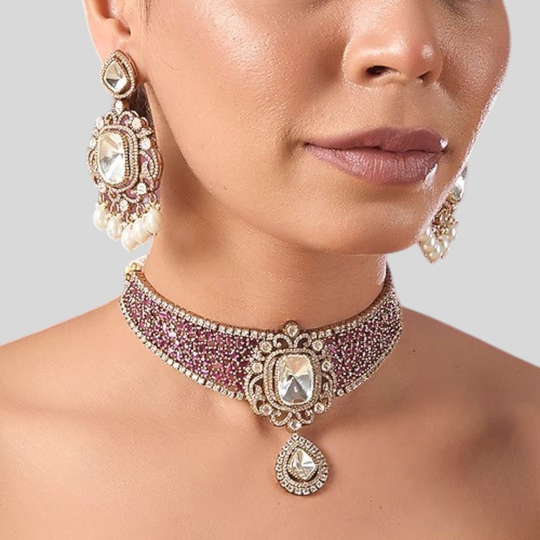 Royal Pink CZ Choker Necklace Set with Kundan - Style Earrings & Pearl Drops for Women - Auraa Trends - Necklace Set - - Auraa Trends - "Elegant pink cubic zirconia choker necklace with kundan centerpiece and matching statement earrings featuring pearl drops โ ideal for bridal and festive occasions"