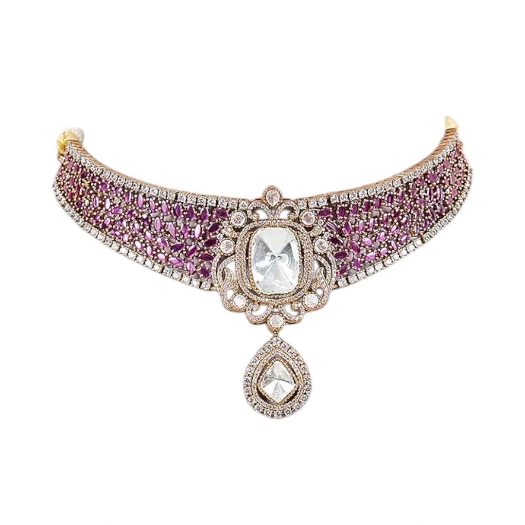 Royal Pink CZ Choker Necklace Set with Kundan - Style Earrings & Pearl Drops for Women - Auraa Trends - Necklace Set - - Auraa Trends - "Elegant pink cubic zirconia choker necklace with kundan centerpiece and matching statement earrings featuring pearl drops โ ideal for bridal and festive occasions"